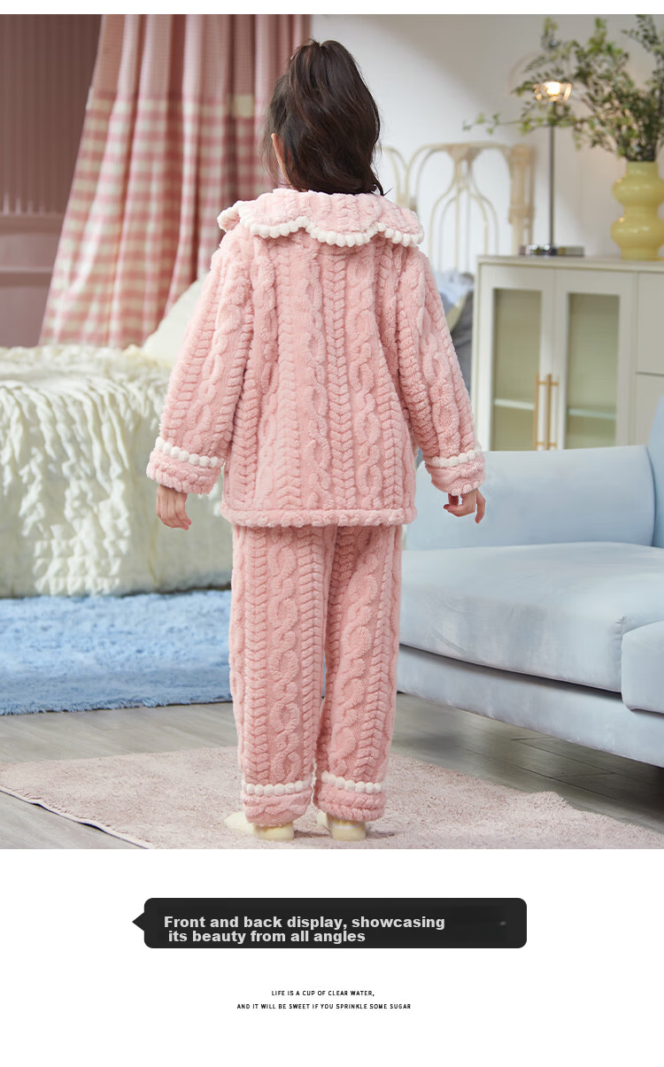 LangSha Children's Coral Fleece Pajamas Girls Autumn Winter 2025 New Thickened Flannel Homewear for Big Girls 10