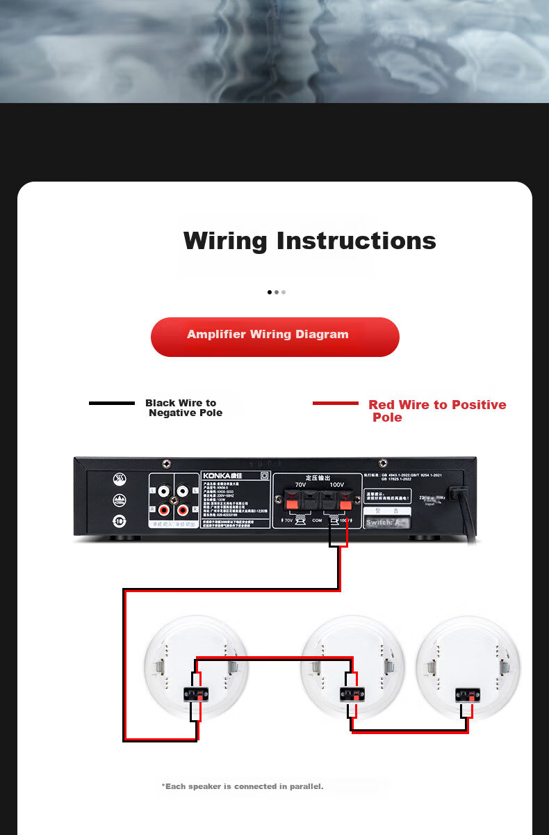 KONKA High-Power Bluetooth Amplifier 120W Constant Voltage Two-Zone Public Address Ceiling Speaker Home Audio Column Wall-Mounted Speaker for Shops and Home Theater 7