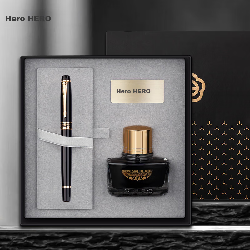 HERO Fountain Pen 1501 Black Elegant Fine Iridium Nib Signature Pen Fashion Office Student Ink Gift Box Set F Nib