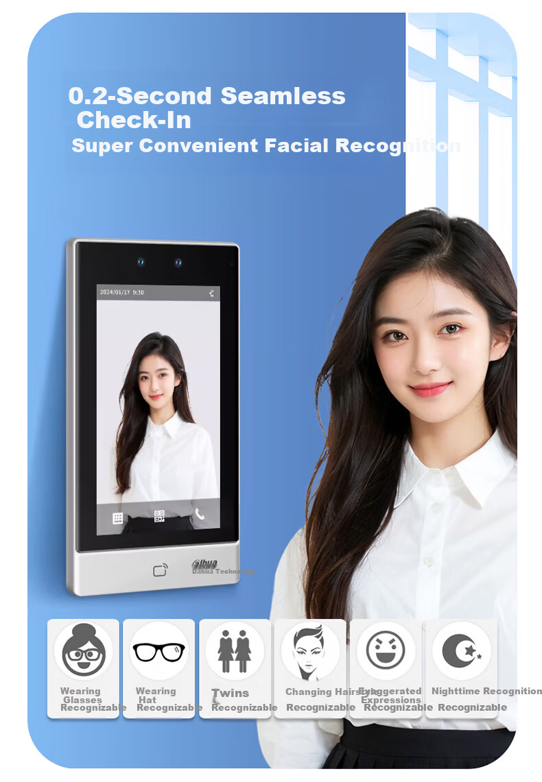 Dahua Facial Recognition Access Control All-in-One Machine Enterprise WeChat Co-branded Attendance Machine 7-inch Large Touch Screen Wired Network Face and Card Attendance K71 5