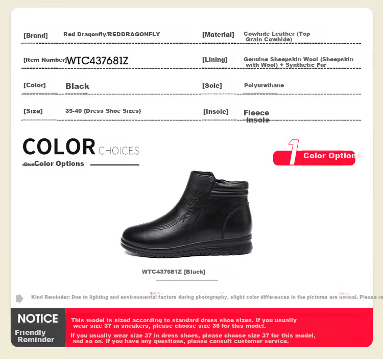 Red Dragonfly Women's Short Boots Fleece Lined Warm Slim Fit Elegant Middle-aged Mom Leather Boots WTC437681Z 3