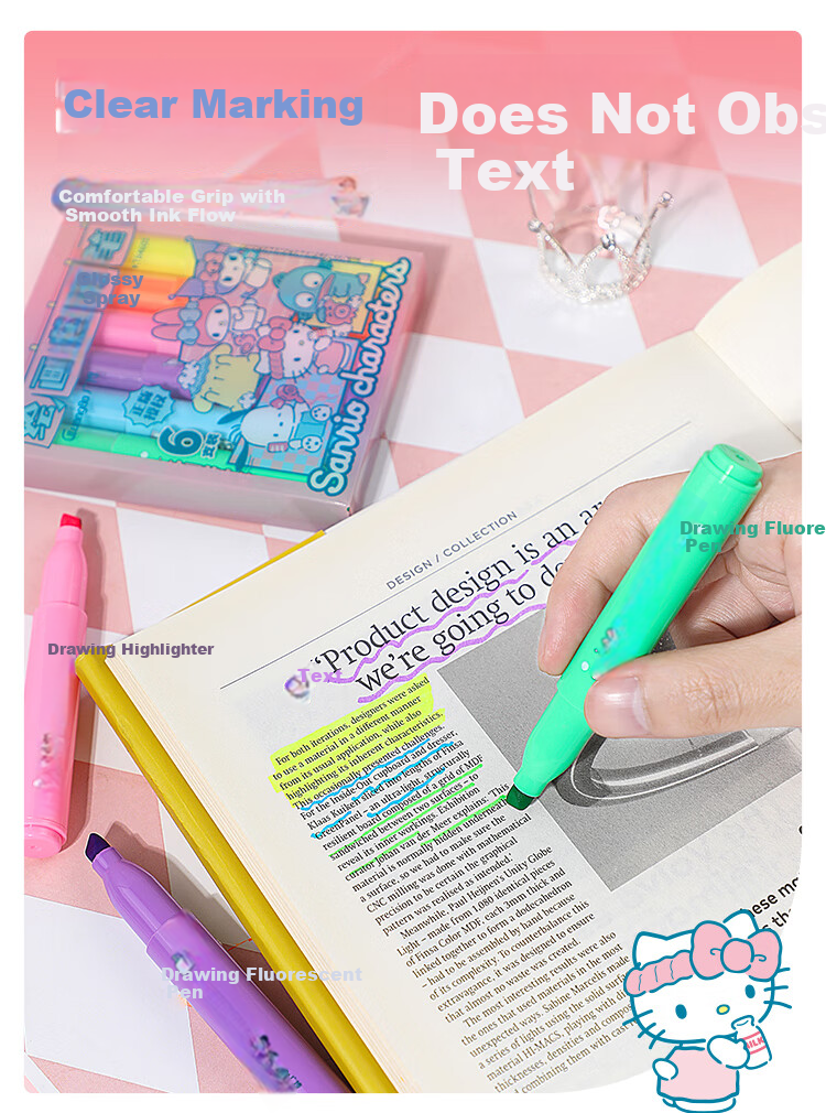 GuangBo & Sanrio Large Capacity Highlighter Pens, 6 Colors, Student Note-Taking Markers, Journaling Pens, Doodle Pencils, KT84591 6