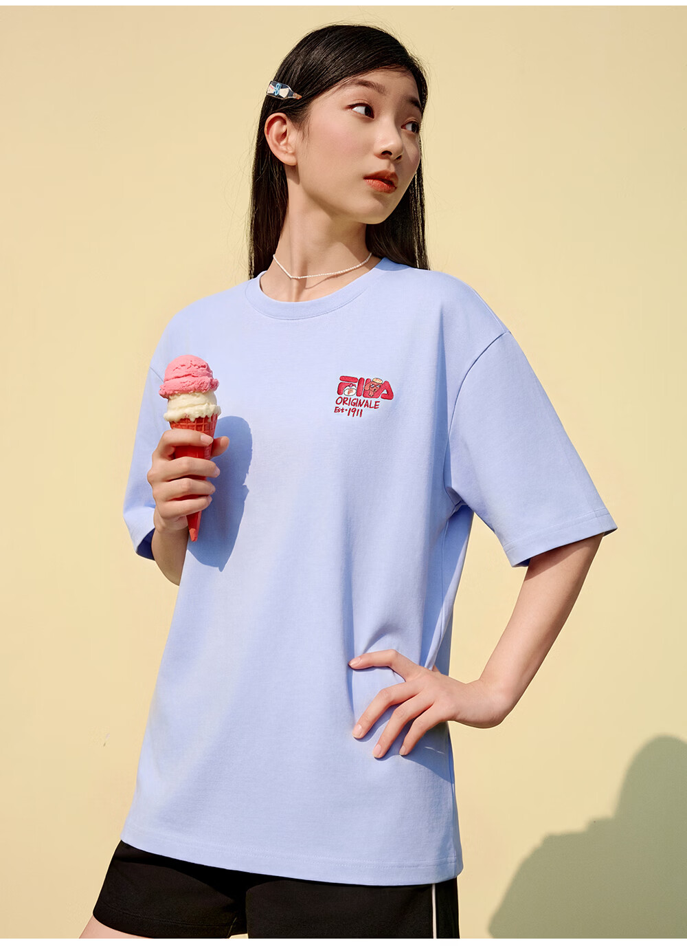 FILA Official Couple's Knitted Short Sleeve Shirt 2026 Summer Fashion Casual Unisex Loose Cat Embroidery T-Shirt 47