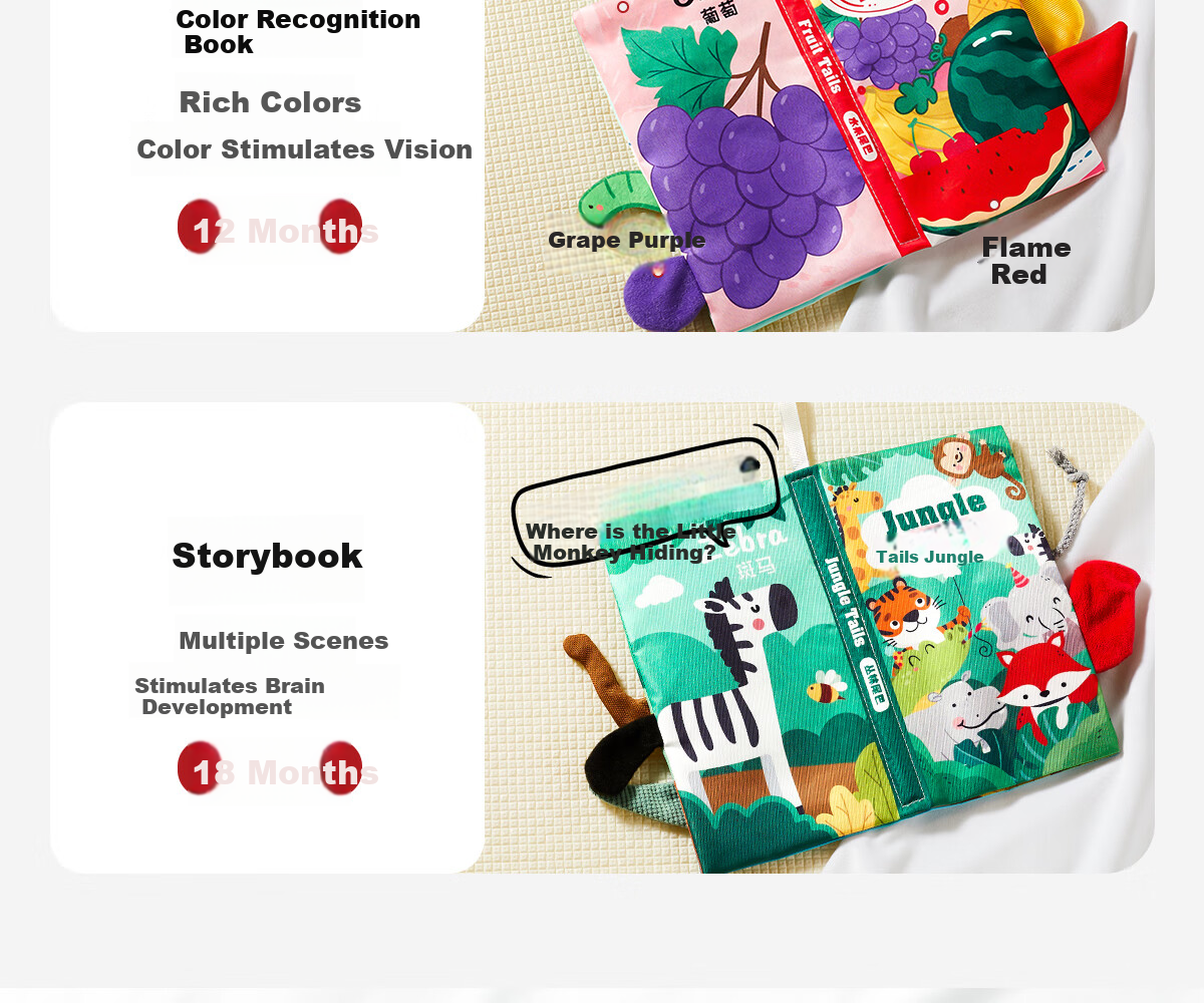 Dimoarch Early Education Cloth Book Baby Teething Washable Tear-Resistant Sound Tail Book 0-6-12 Months Children's Day Gift 4