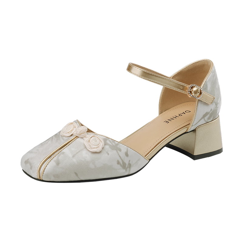 DAPHNE Women's New Chinese-Style Chunky High Heel Qipao Sandals with Ankle Strap, Beige, Size 36