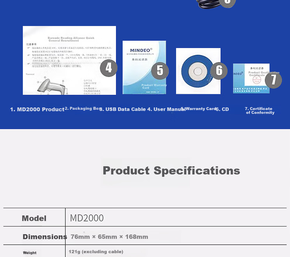 MINDEO MD2000 1D Laser Barcode Scanner Reader 12