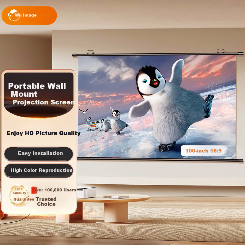 Wuyinxiang 100-inch 16:9 Projection Screen 【No Drilling】 Wall-mounted Simple HD Projector Screen Compatible with XGIMI, JmGO, Xiaomi, Epson Projectors