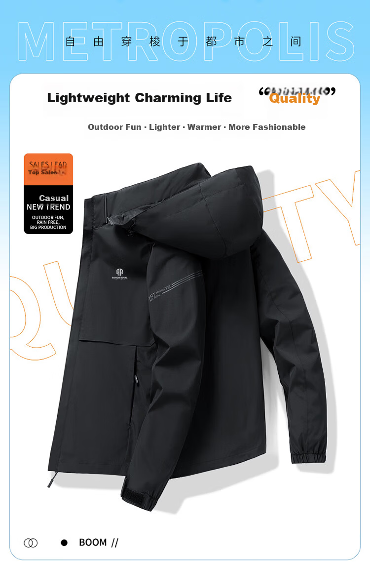ROMON Men's Trendy Spring Hooded Jacket Youth Business Breathable Casual Business Jacket E29 Black M 1