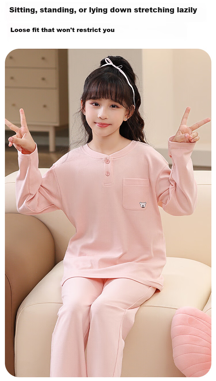 MiiOW Kids Pajamas Girls 40S Cotton 5A Antibacterial Homewear Set Half-Open Collar Long Sleeve Light Gray Green 140cm 3