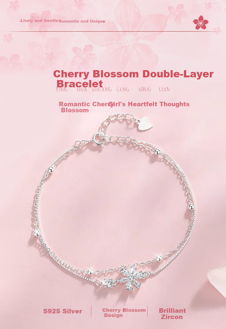 ALLOVE Cherry Blossom Pure Silver Bracelet for Women, Double-Layer Silver Jewelry, Birthday Gift for Women on May 20 And Valentine's Day, Present for Girlfriend Or Wife 1