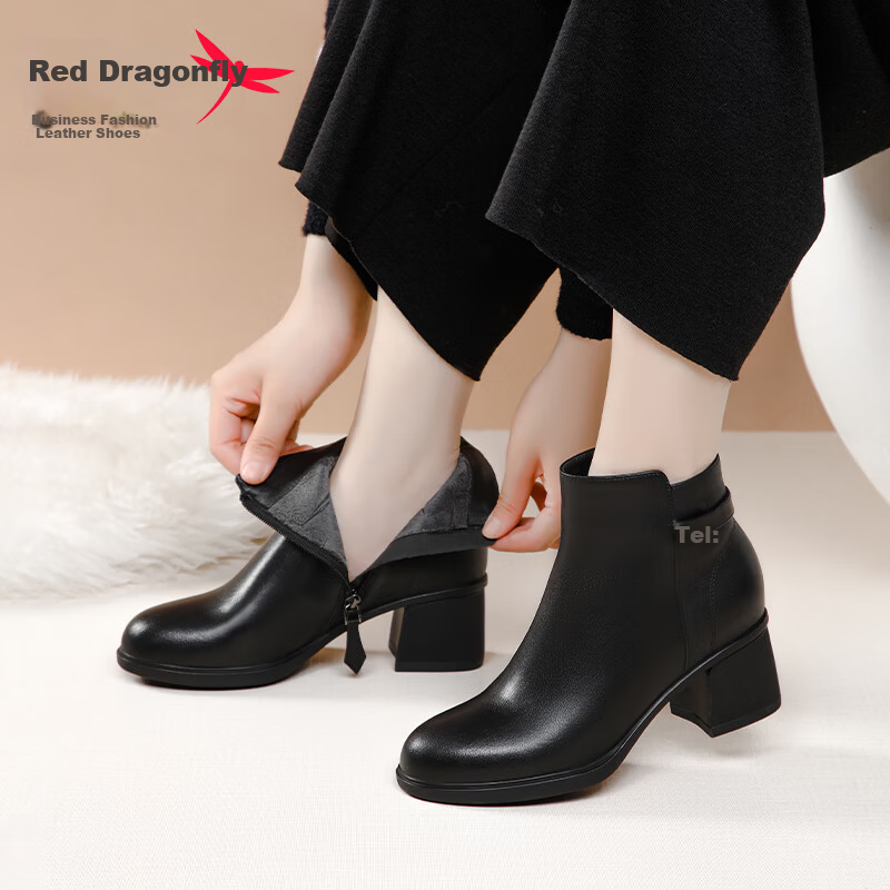 Red Dragonfly Women's Soft Leather Mid-Heel Fleece-Lined Boots, Mid-Aged Thick Heel Leather Boots WFC440981 Black Size 36
