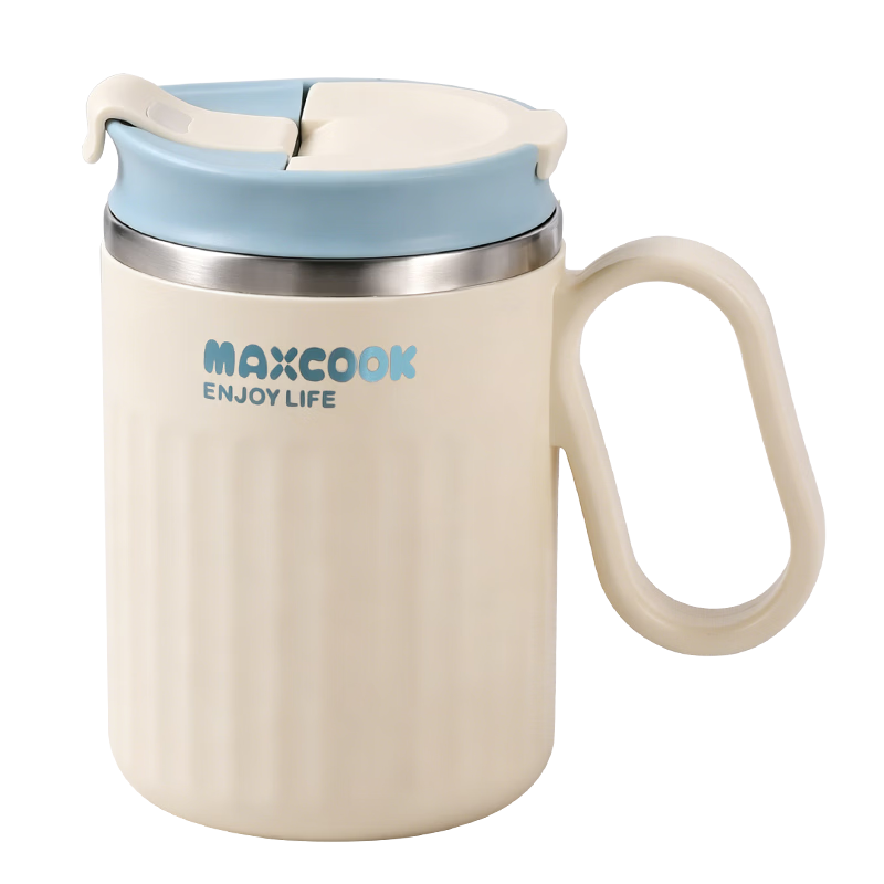 MAXCOOK 316L Stainless Steel Mug with Lid and Spoon, Office Cup, Household Breakfast Cup 520ml, Sky Blue