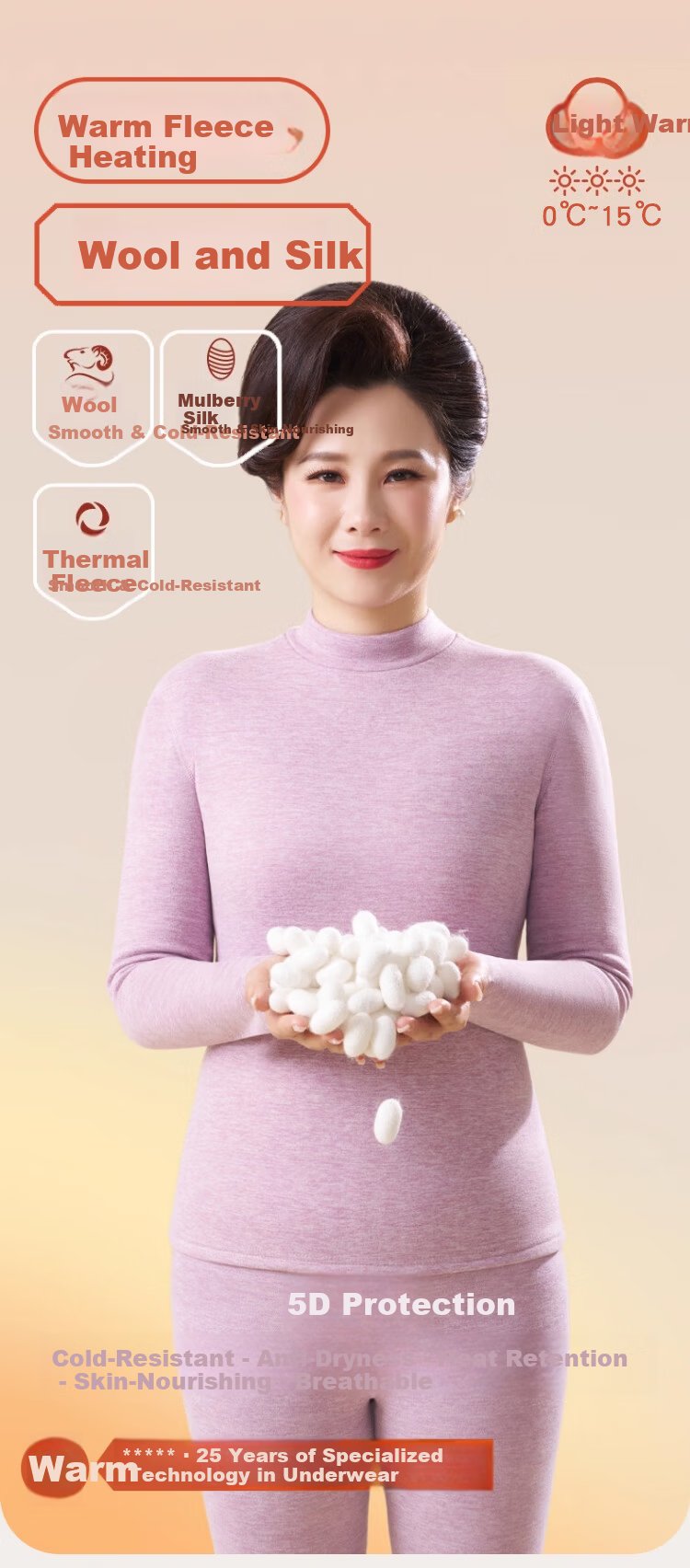 Caiyue Women's Thermal Underwear Set Mid-Neck Windproof 10A Antibacterial Wool Silk Half Turtleneck Elderly Base Layer Set 1