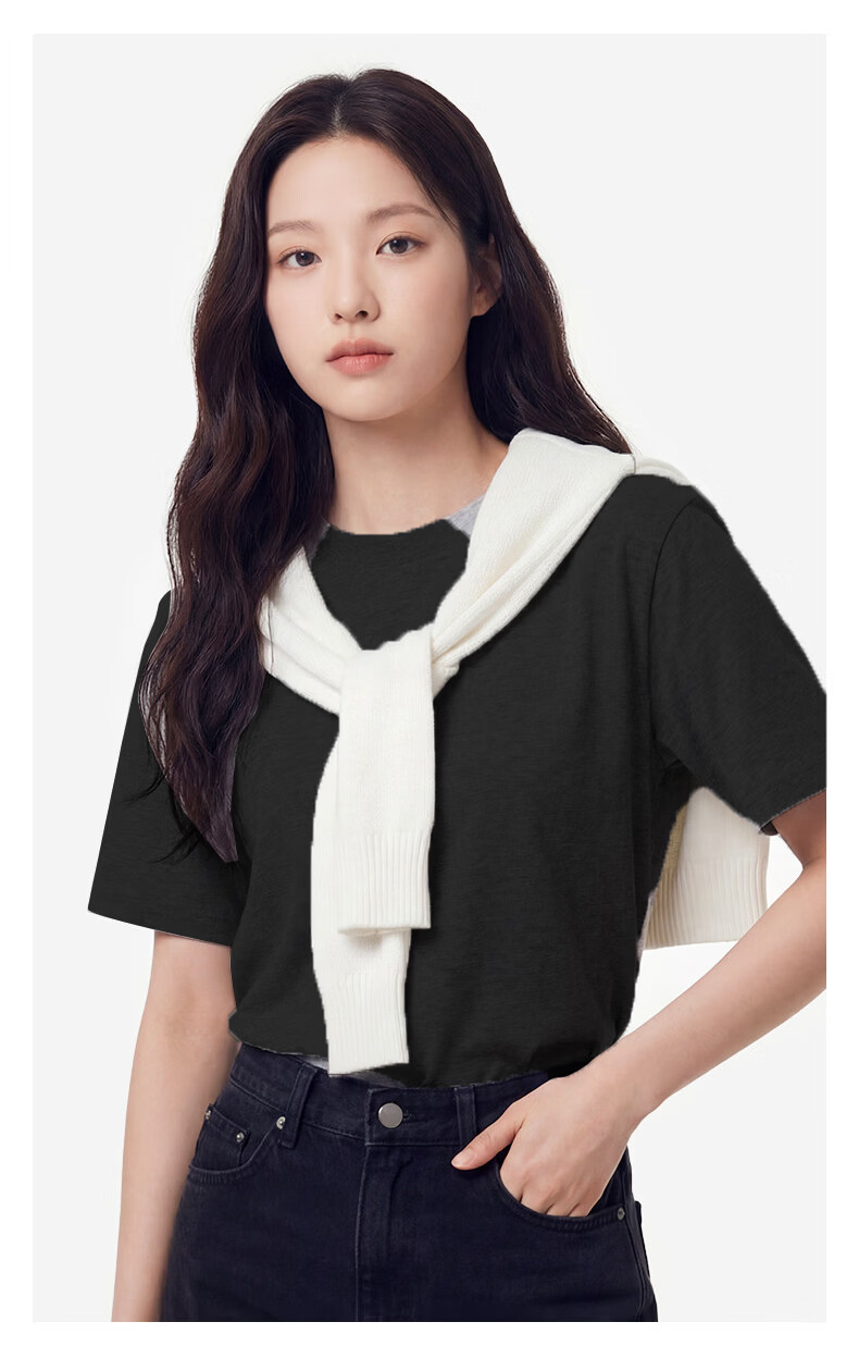 Handu Yishe Women's Short Sleeve T-Shirt 2026 Summer Fashion Loose Cloud-Feel Pure Cotton Breathable Textured Base Shirt Black M 24