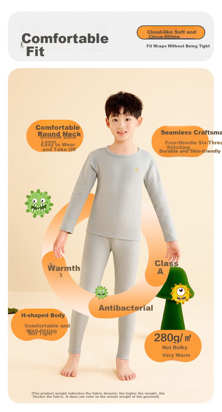 Hodohome Children's Autumn Underwear Set, Boys' Antibacterial Brushed Thermal Underwear with Wool And Silk, Seamless Craftsmanship, Warm Inner Wear, 203 Gray, Size 120 9