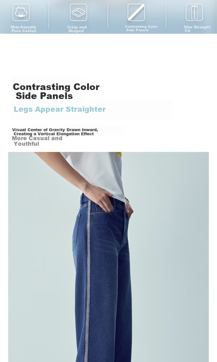 Giordano 2026 Summer New Cat Whisker Color-Block Side Mid-Rise Straight-Leg Cropped Jeans for Women 13426336 4