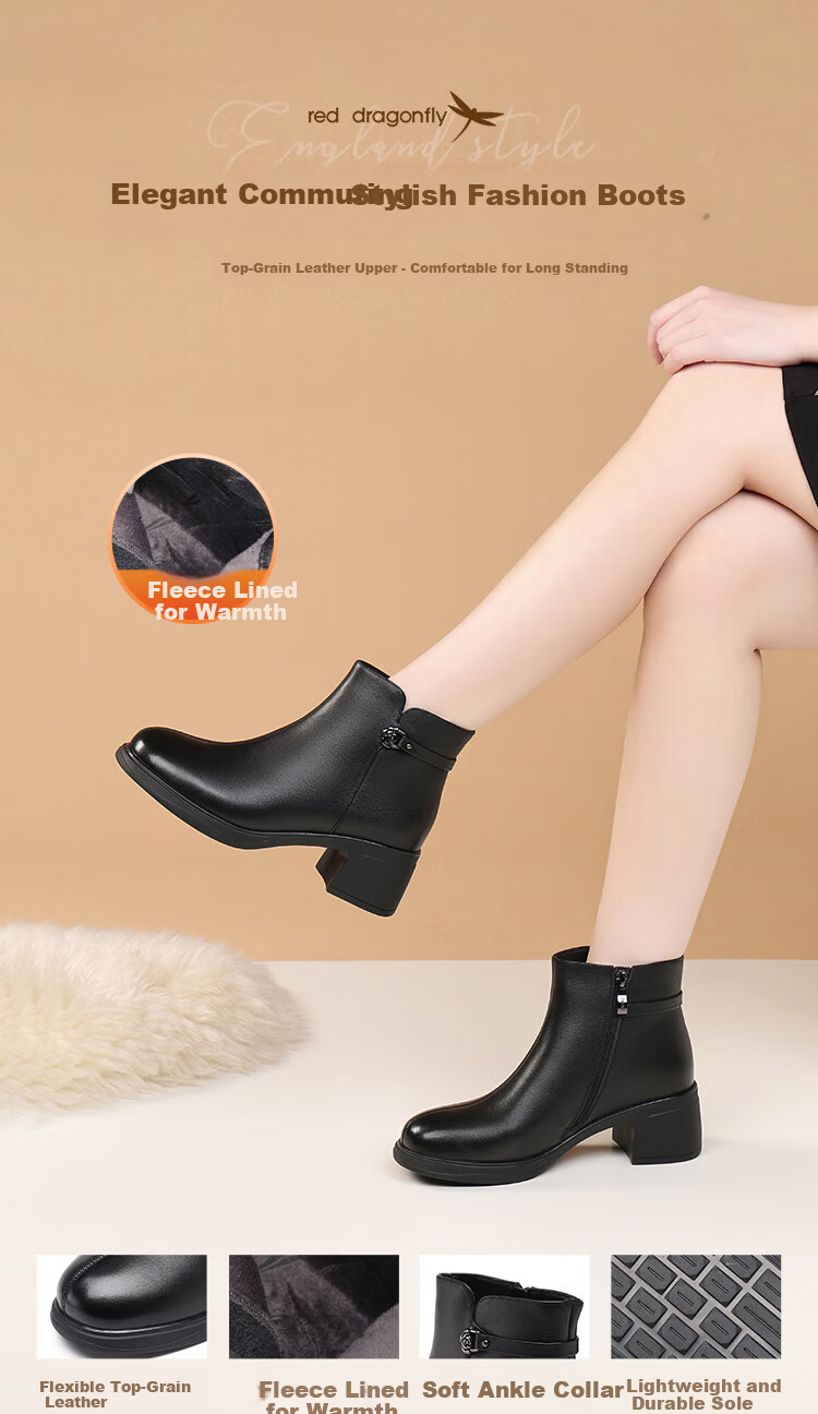 Red Dragonfly Women's Winter Fleece-Lined Warm Short Boots, Mom Boots, Chunky Heel, Versatile Soft Sole Cotton Boots WTC457601H Black Size 36 1
