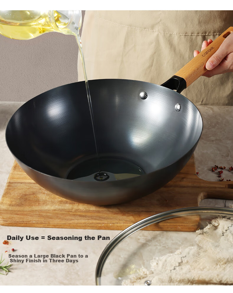 Carote Iron Wok, Home Cooking Pan, Non-Coated Non-Stick Pan, Suitable for Induction And Gas Stoves, Traditional Style, 32cm with Lid 5