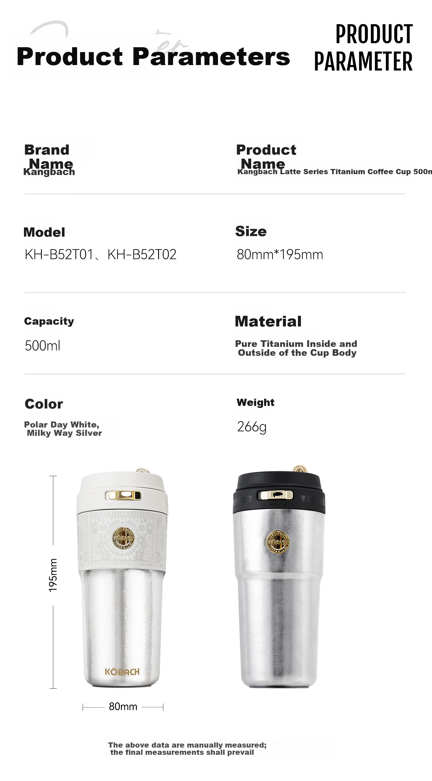 KOBACH Pure Titanium Insulated Water Bottle Large Capacity Thermos Coffee Mug Home Festival Gift 500ml Arctic White 19