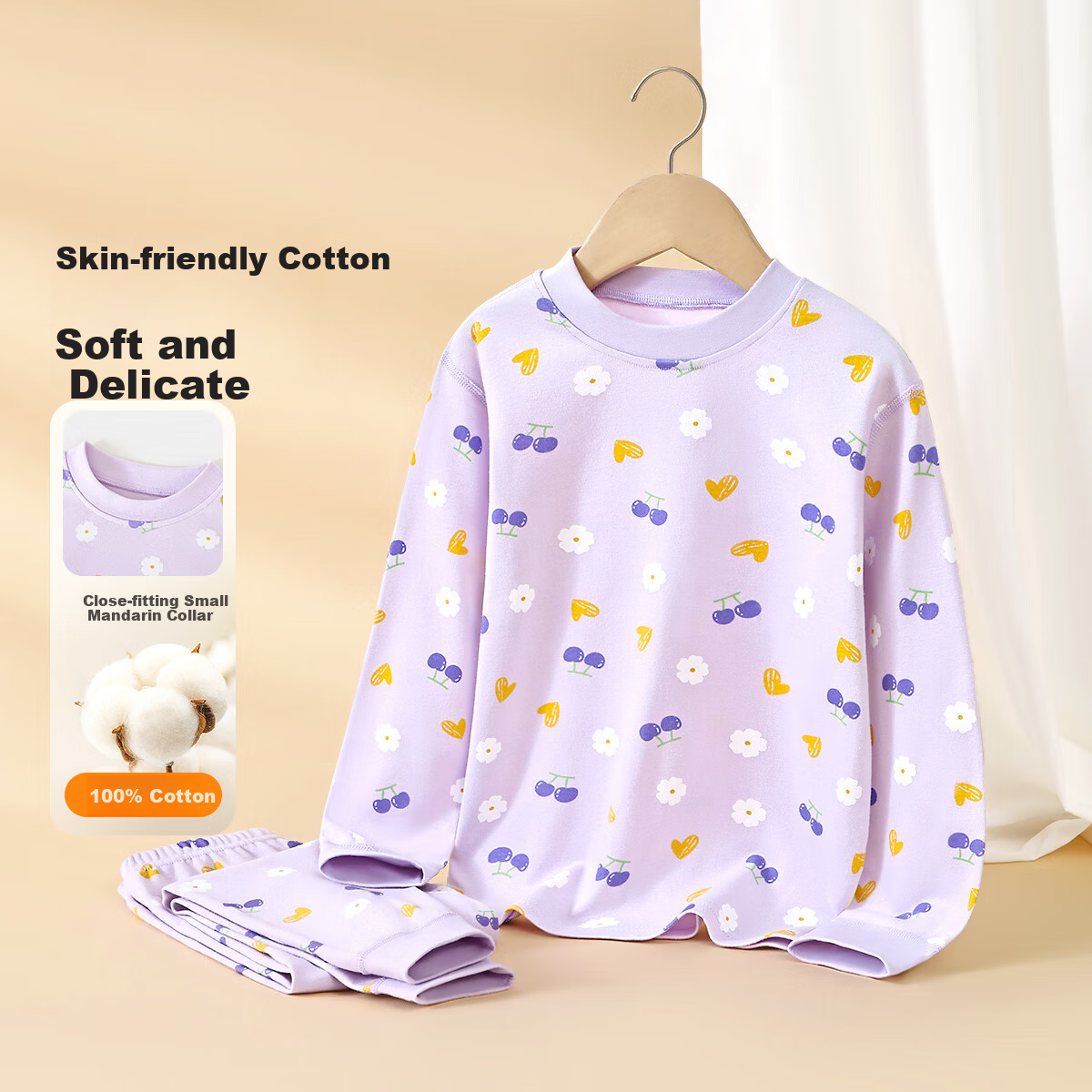 Yiershuang Children's Autumn Cotton Thermal Underwear Set Girls High-Waist Belly Protection Pajamas Sleepwear Top and Bottom
