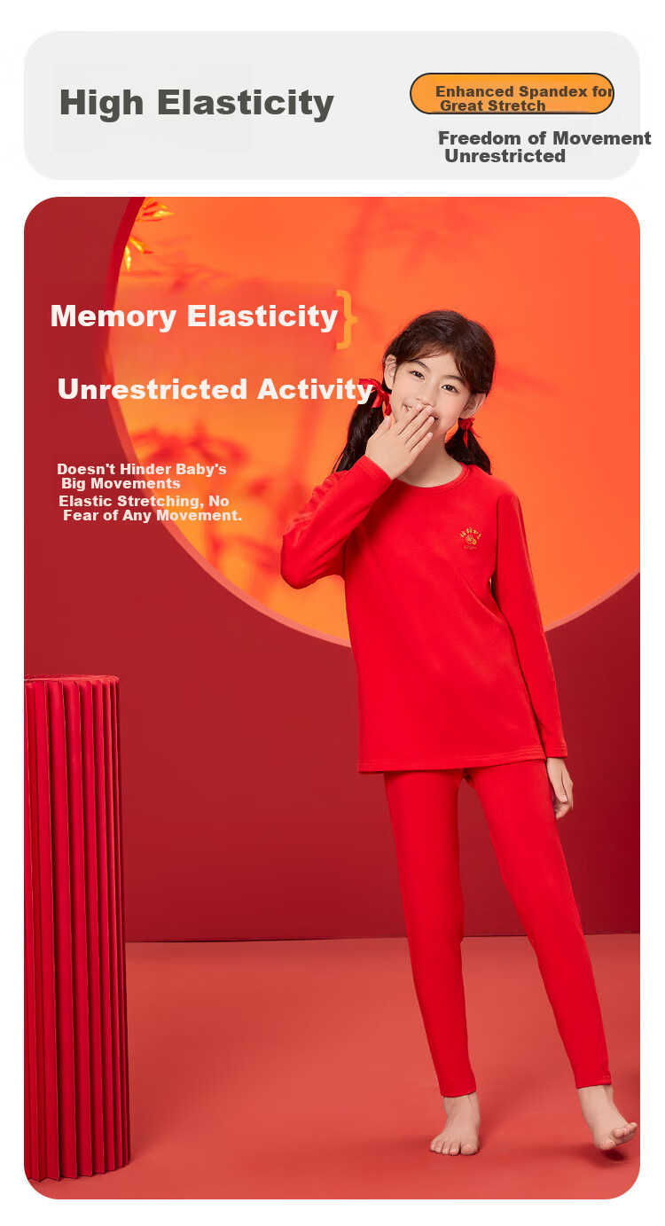Hodohome Children's Thermal Underwear Girls Red New Year Lucky Autumn Shirt and Pants 3A Antibacterial Festival Outfit 300 170 5