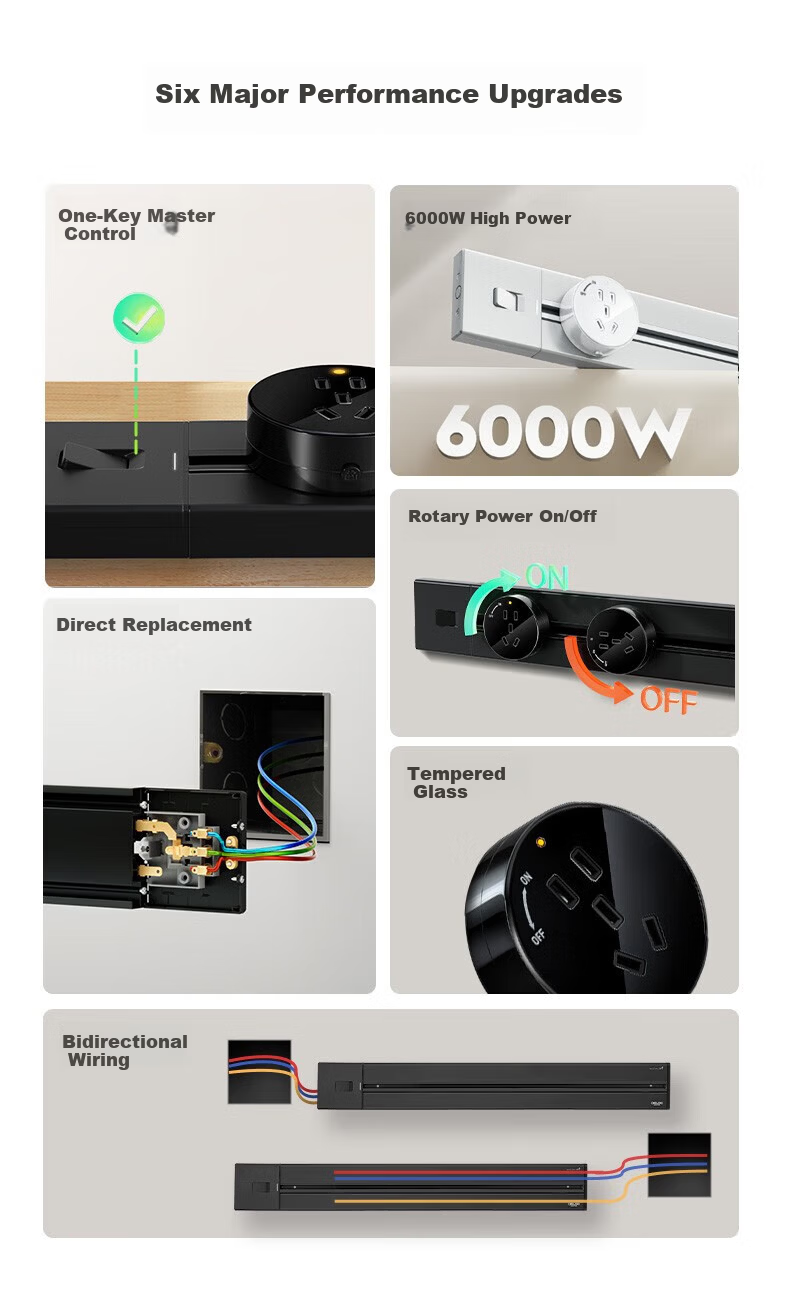 DELIXI Track Socket Master Control Glass Model, Movable Sliding Rail Socket Surface-Mounted, Five-Hole Adapter, Black 2