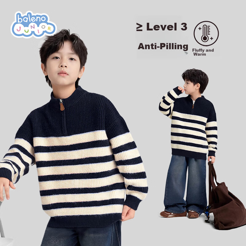 Baleno Kids Sweater 2025 Winter New Boys' Half-Placket Striped Pullover Fleece-Lined Knitwear for Older Children