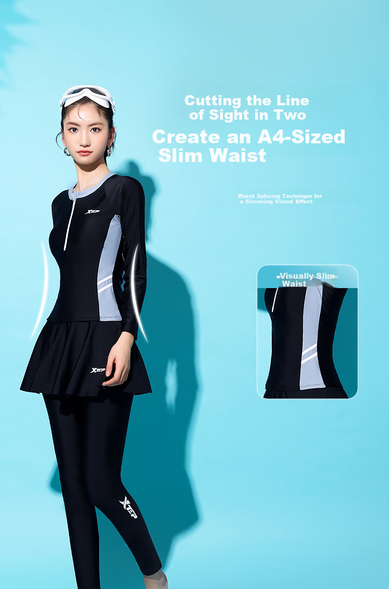 Xtep Women's Sunscreen Conservative Slimming Tummy Control Two-Piece Long Sleeve Long Pants Surfing Quick-Dry Wetsuit Spa Swimwear 6