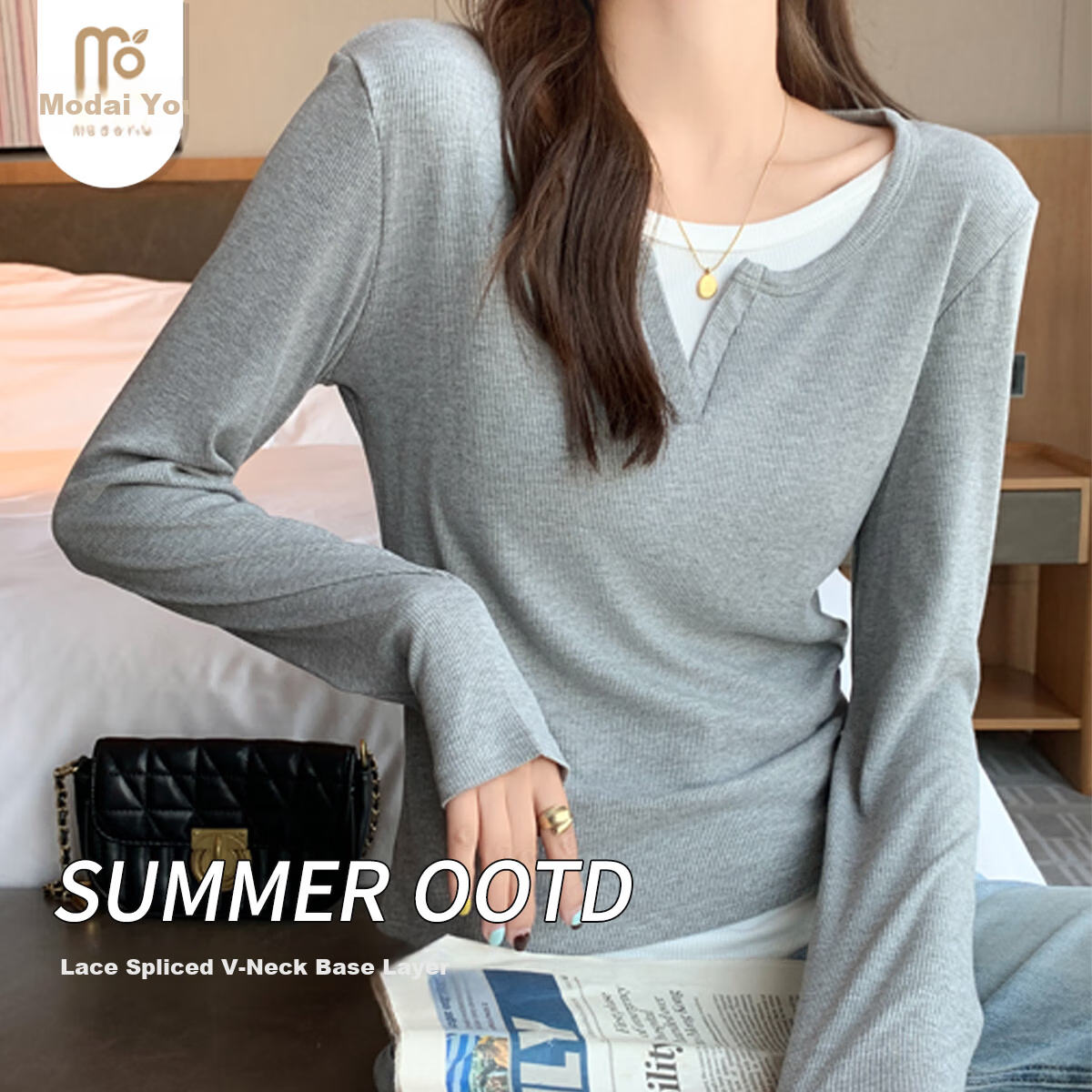Modal Colorblock Layered Design Slim Fit Long Sleeve T-Shirt for Women New Slim Shoulder Slimming Top