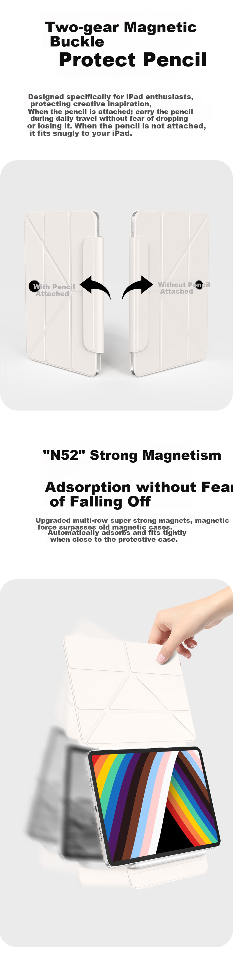 RBP Air 13-inch M3 Chip 2025 Tablet Case Universal Pro456 Protective Cover [3Y Fold Magnetic Double-sided Clip · Multi-angle Support with Buckle] Cream White 3