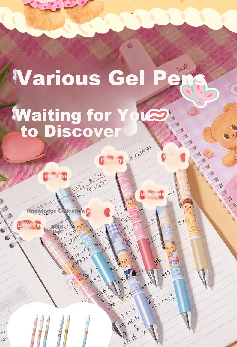 Deli Butter Bear Quick-Dry Retractable Gel Pen Blind Box 0.5mm ST Tip High-Value Student Gel Pen HY022 Black Single Pack 5