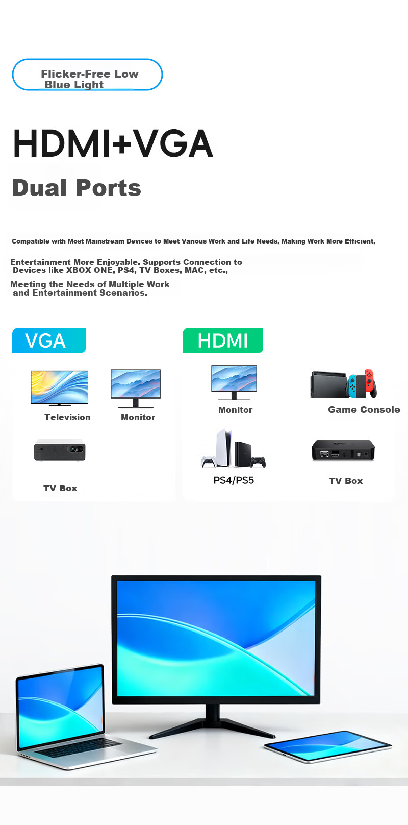 RICRSS 21.5-Inch IPS Monitor HDMI Full HD Narrow Bezel Wide Viewing Angle Low Blue Light Flicker-Free Office Home LCD Computer Display Scree 7
