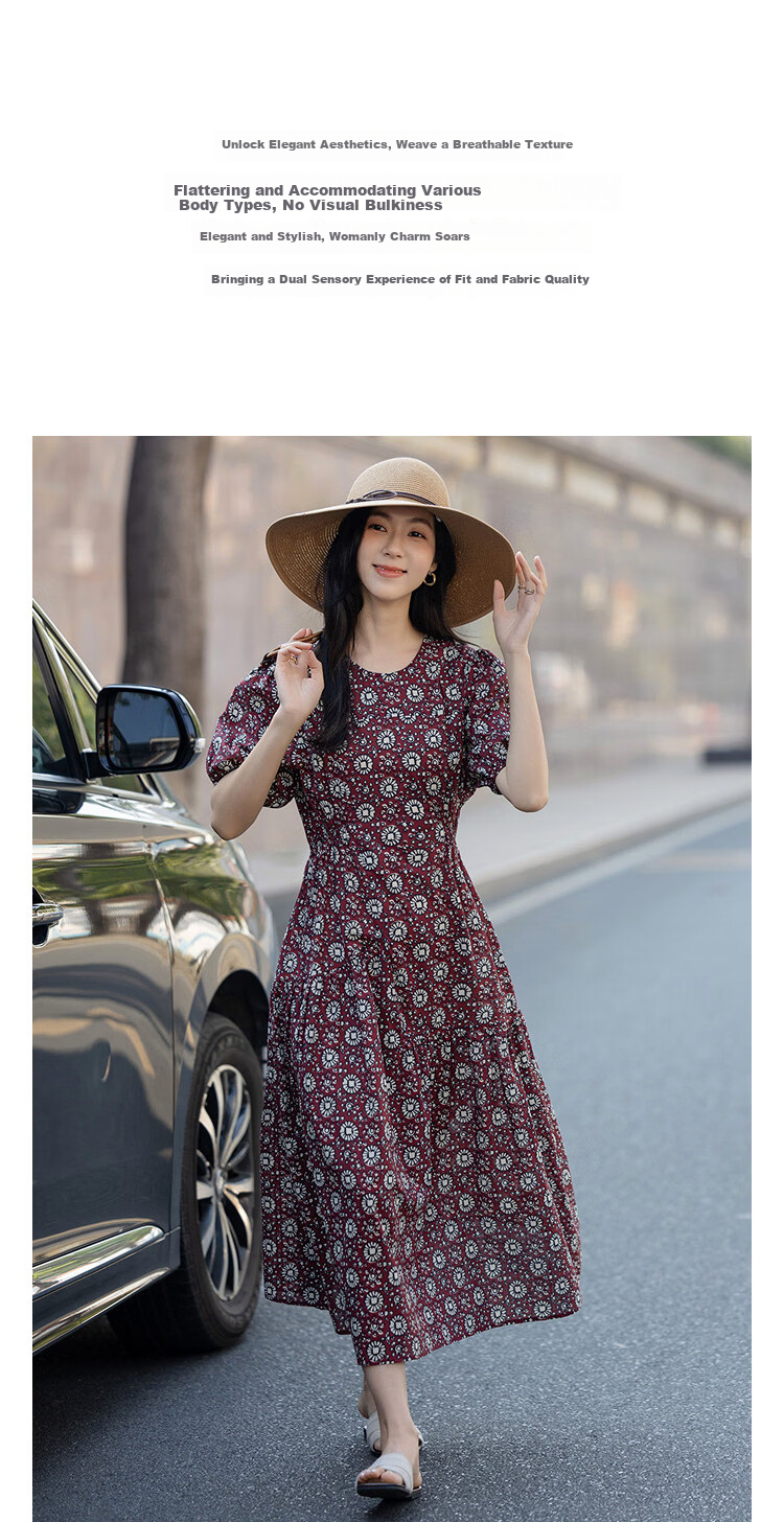 Demana Gentle Pure Cotton Summer Elegant Style Round Neck Printed Tower Pleated Waist Slimming Dress for Women Premium Quality 5
