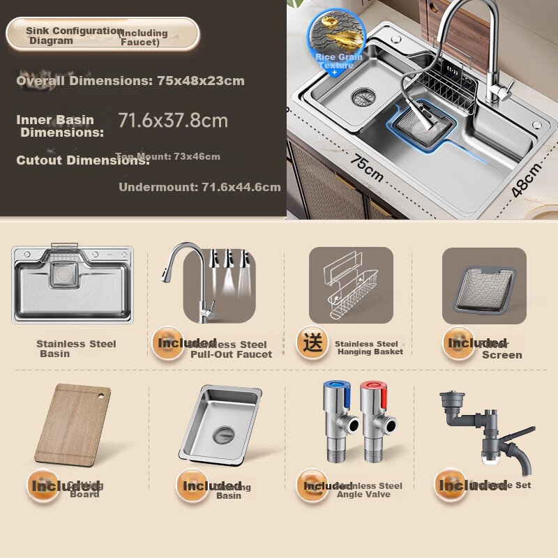 Arrow Treasure Basin 304 Stainless Steel Kitchen Sink Large Single Bowl Japanese Style Vegetable Washing Basin [15% Renewal Subsidy]