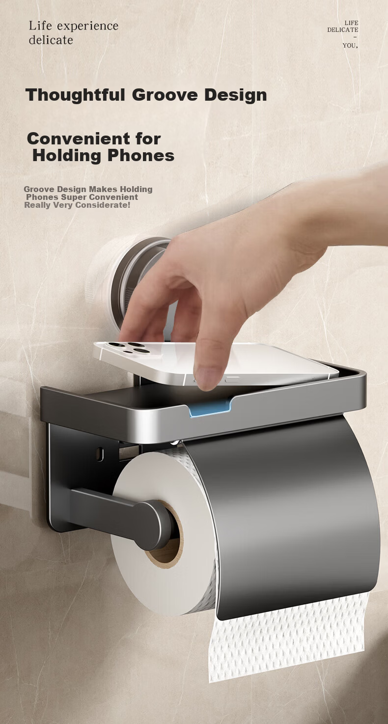 Xinpei Toilet Paper Holder, No Drilling Required, Bathroom Roll Dispenser, Hotel Commercial Space Aluminum Tissue Box, Bathroom Storage Rack 20