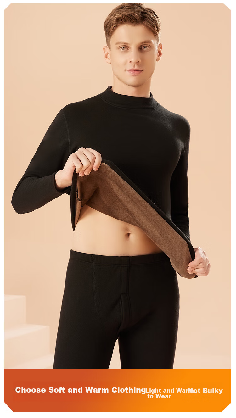 MiiOW Combed Cotton Mid-Neck Men's Thermal Underwear Set, Fleece-Lined Thickened Autumn Shirt and Pants, Men's Cotton Cold-Resistant Warm Set 16