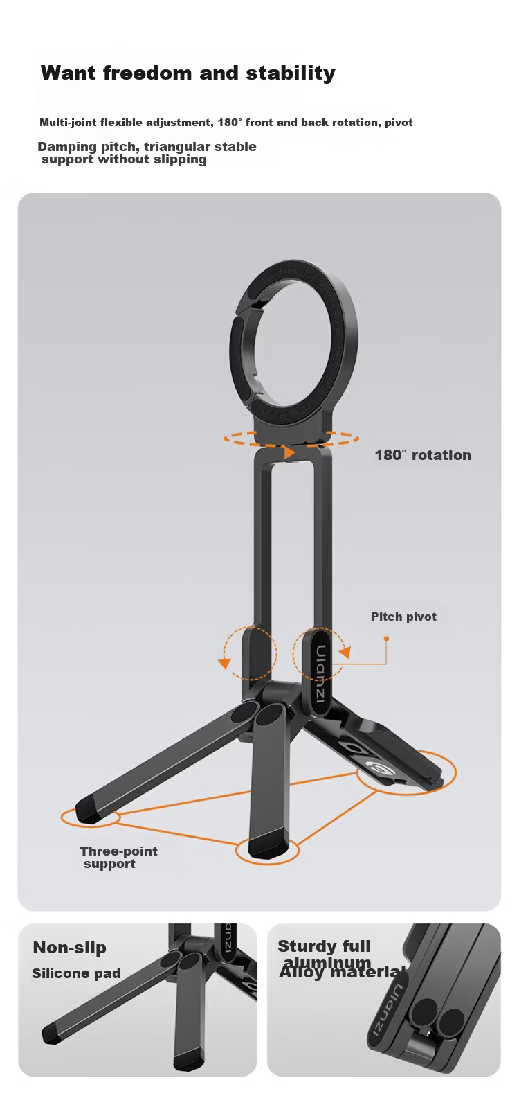 Ulanzi MA57 Carabiner Magsafe Phone Holder Portable Photography Tripod Compatible with iPhone Apple Android Desktop Selfie Stick 5