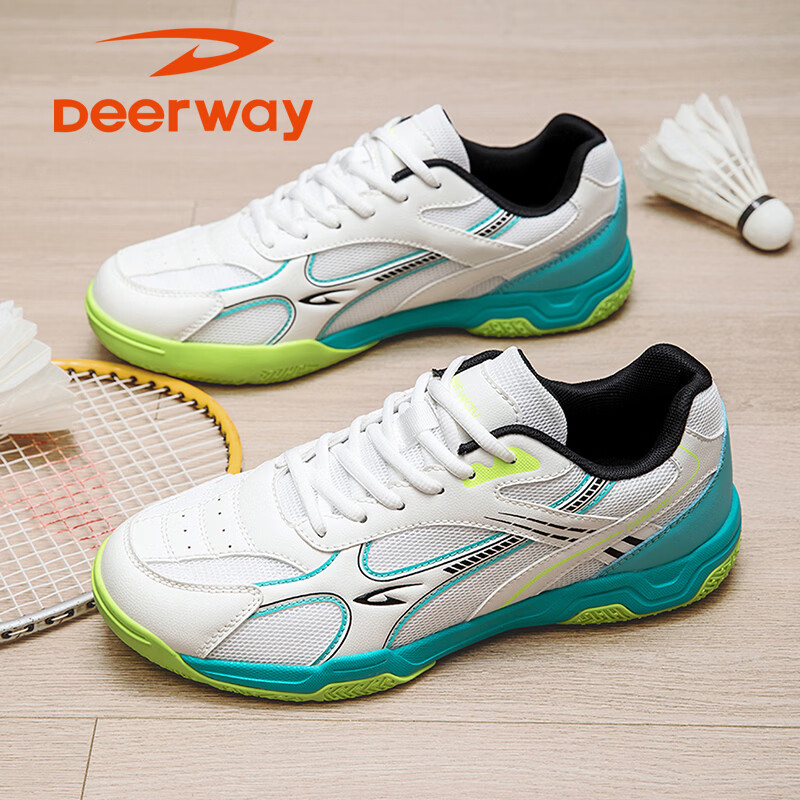 DEERWAY Unisex Badminton Shoes Professional Training Shock Absorption Durable Rubber Soft Sole Sports Shoes White Lake Blue Size 42