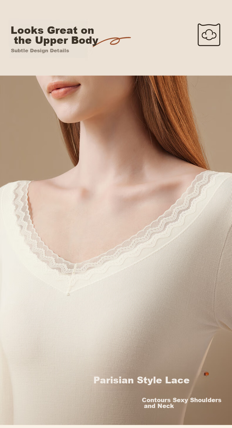 Miiow 2025 New V-Neck Lace Wool Lightweight Shaping Seamless Thermal Underwear Set for Women Slim Fit Autumn Top and Bottom 8