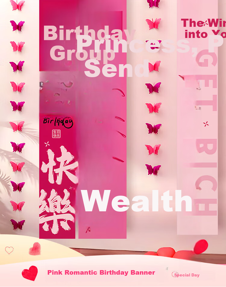 Guangduola Girl Birthday Scene Decoration Banner Pink Hanging Cloth Happy Birthday Atmosphere Background Wall Supplies Set 1