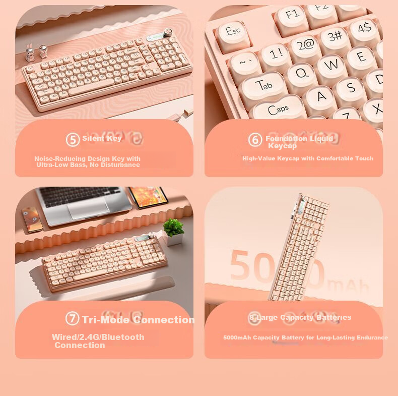EWEADN V102Air Silent Mechanical Feel Wired Keyboard Pink Foundation High-Value Portable 98-Key Keyboard for Office Gaming Laptop Tablet Peripheral 2