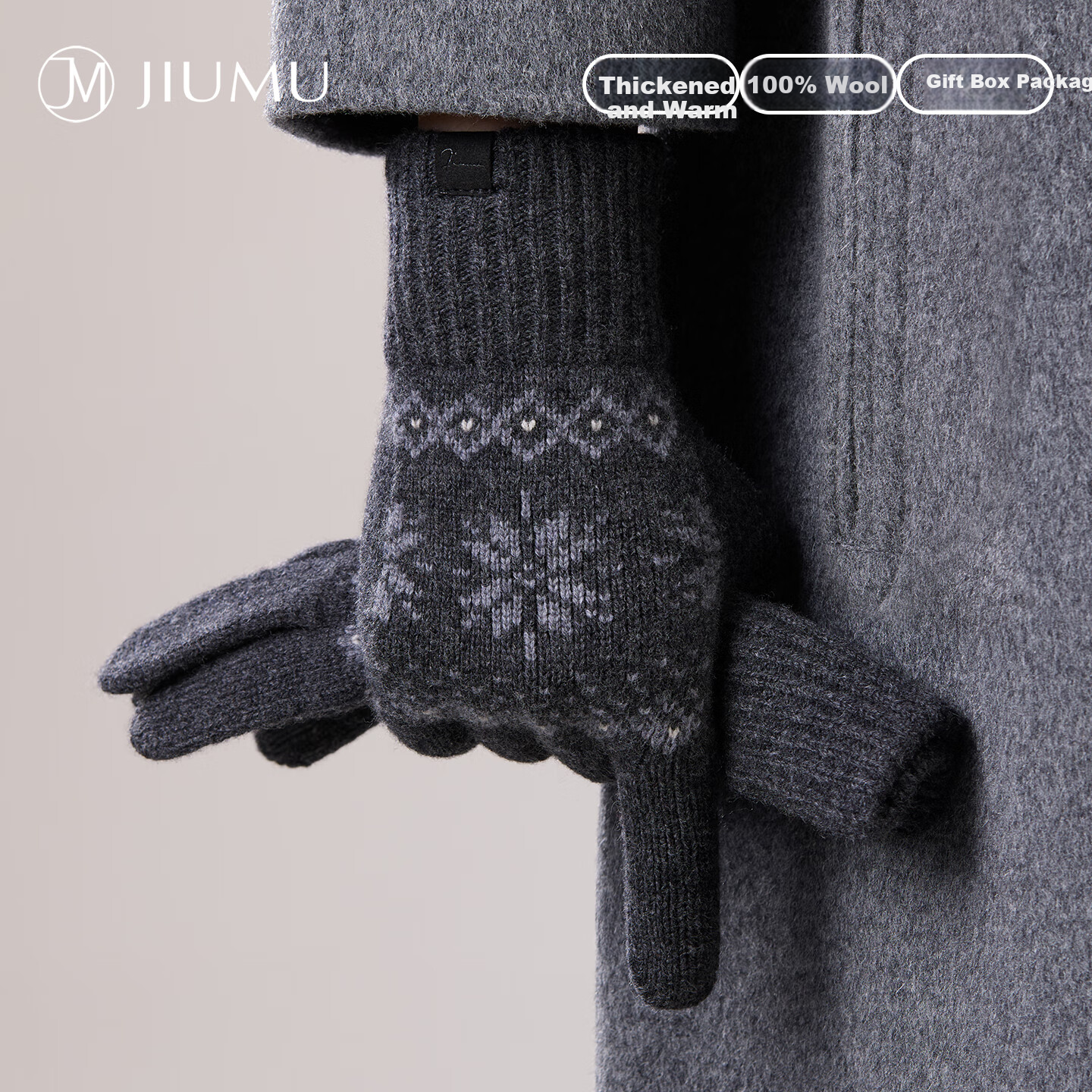 JIUMU 100% Wool Thermal Gloves for Men Winter Fair Isle Thickened Cold-Resistant Touchscreen Knitted Wool Gloves