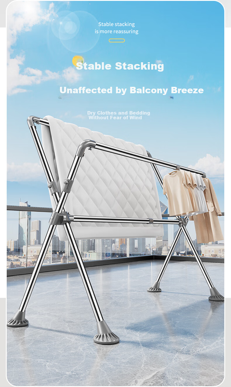 Jiabangshou Floor Clothes Drying Rack Folding Three-Rod Stainless Steel Telescopic Indoor Outdoor Mobile Quilt Rack 4