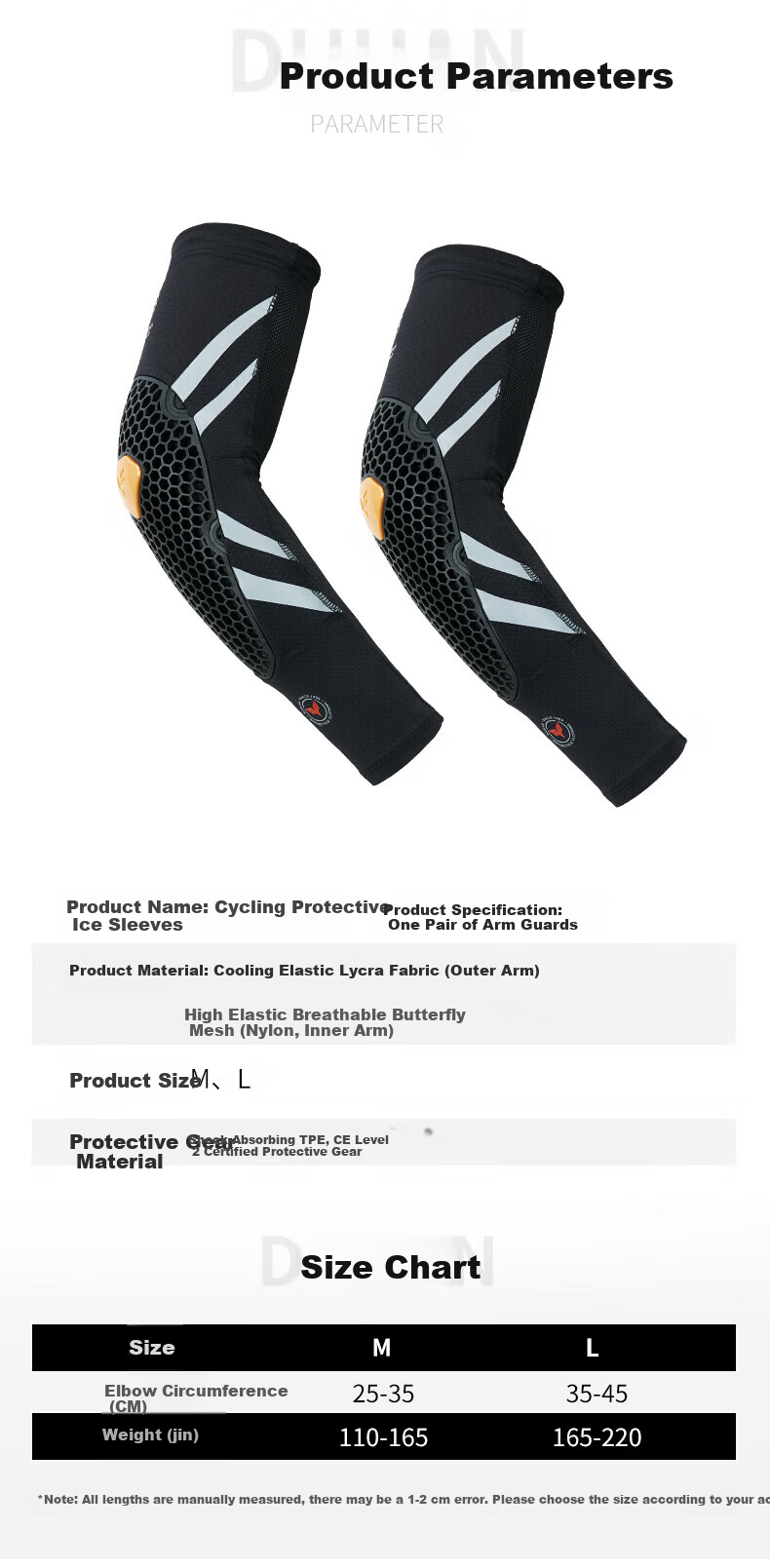 DUHAN Motorcycle Riding Ice Silk Elbow Guards Spring Summer Sleeve Covers Unisex Motorbike Anti-Fall Protective Gear Sun Protection Cooling Sweat-Absorbing S Black 2