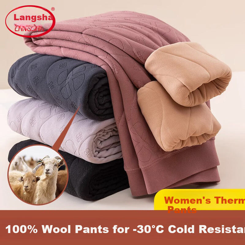 Langsha 100% Wool Thermal Pants Women Autumn Winter Fleece Lined Thickened High Waist Slim Fit Wool Leggings Black