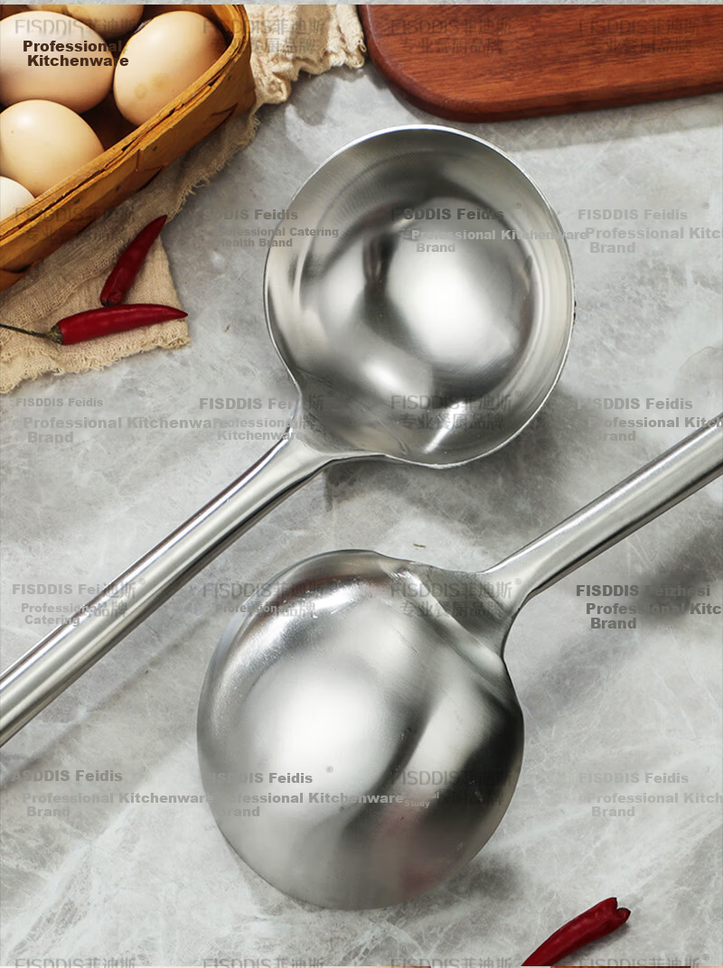 FISDDIS Extra Thick Stainless Steel Stir Fry Ladle 6 Liang Wooden Handle Commercial Cooking Spoon Long Handle Chef Ladle Water Scoop 17