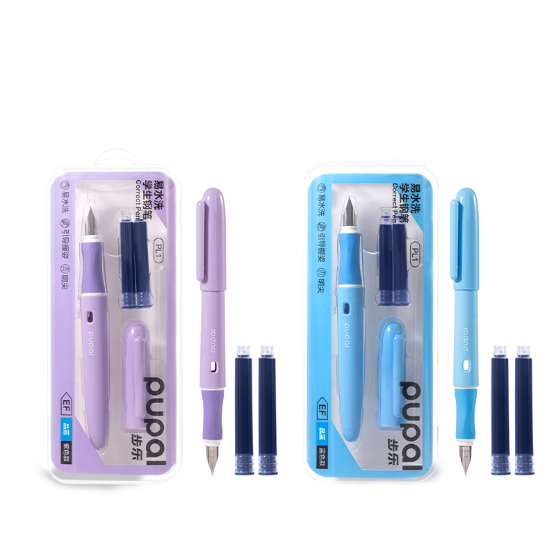Deli Easy Wash Student Fountain Pen EF Fine Nib Student Stationery Crystal Blue Ink Cartridge Posture Correction Handwriting Practice Non-Staining 1 Pen + 2 Cartridges/Pack PL1