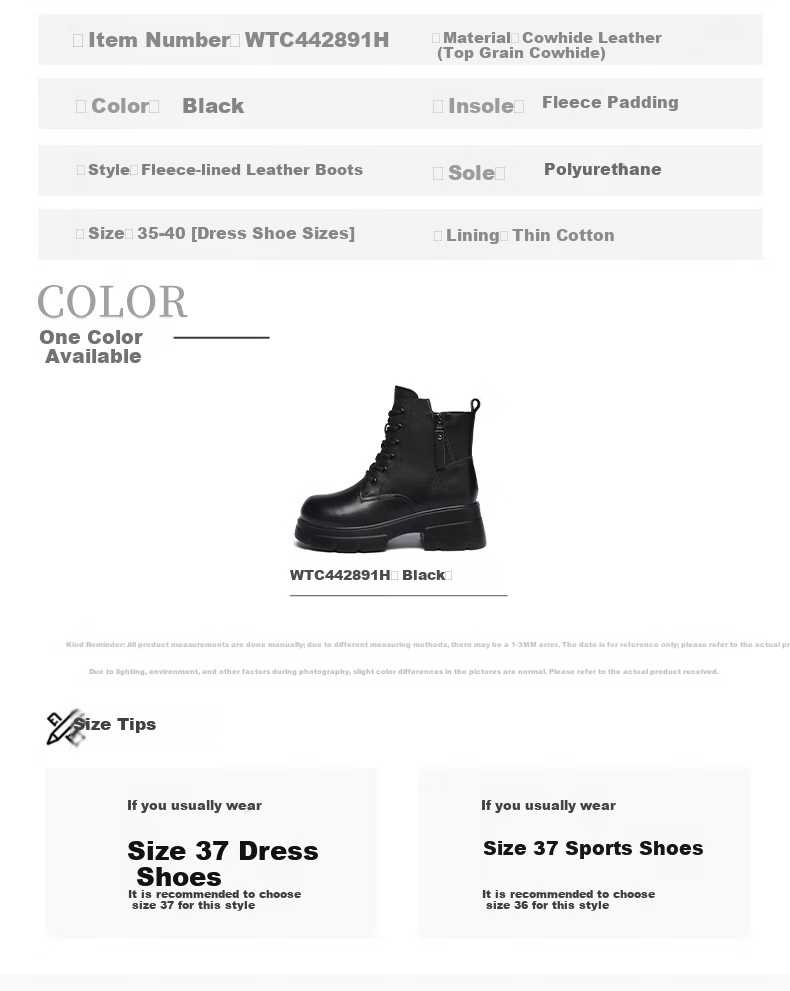Red Dragonfly Women's Martin Boots Fleece Lined Warm Slimming Short Boots Petite Thick Sole Height Increasing Leather Boots WTC442891H Black Size 35 8