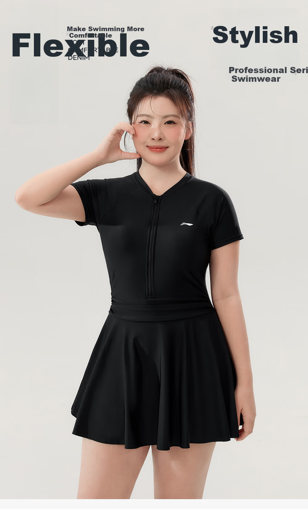 LI-NING Plus Size Women's Slimming Tummy Control One-Piece Swimsuit 2026 New Large Size Adult Hot Spring Swimwear for 200 Jin 1
