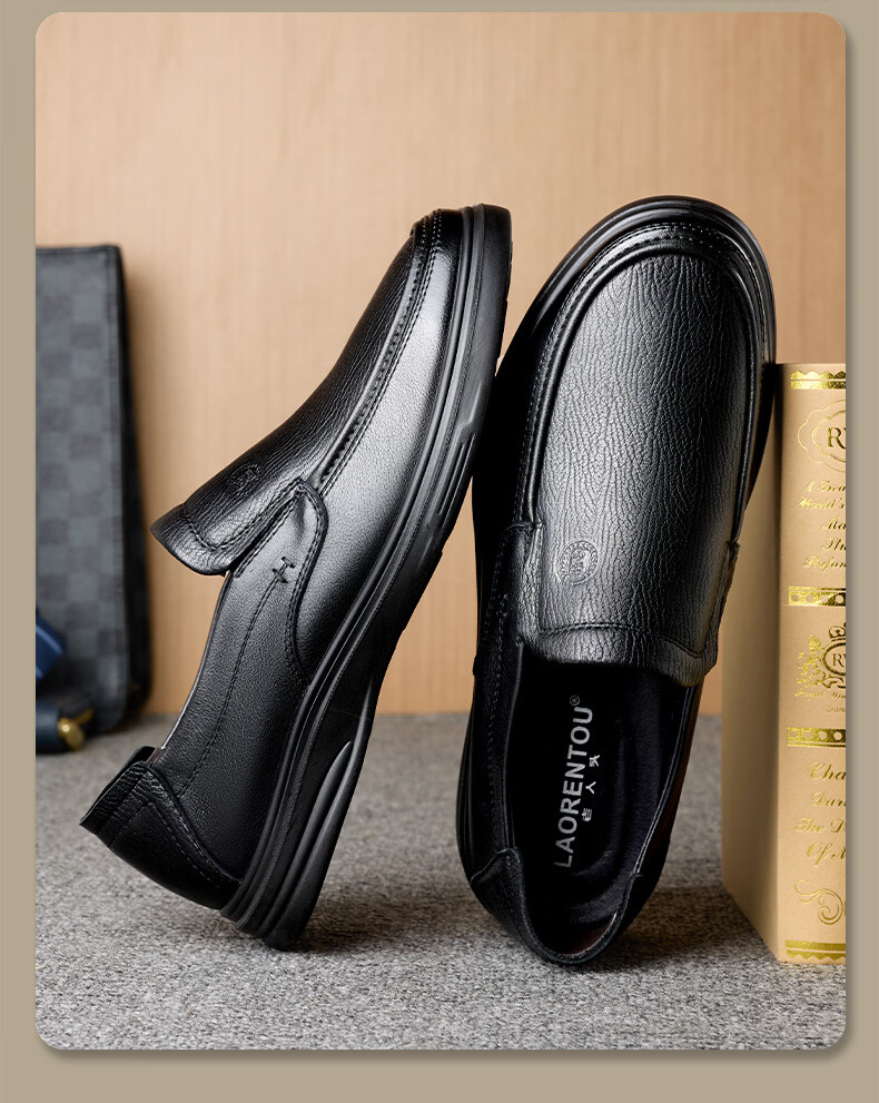 LAORENTOU Men's First Layer Cowhide Leather Soft Sole Slip-On Business Casual Dad Shoes LA316 Black Size 38 6